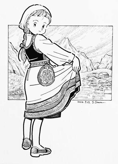 本日の1枚
「ブーナッド」
ノルウェーの民族衣装ブーナッド(ブナド)を参考に描きました。 