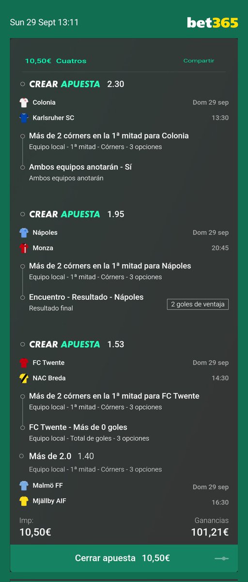 Os dejo también está apuesta de corners que quiero probar para hoy 😬

@9'50