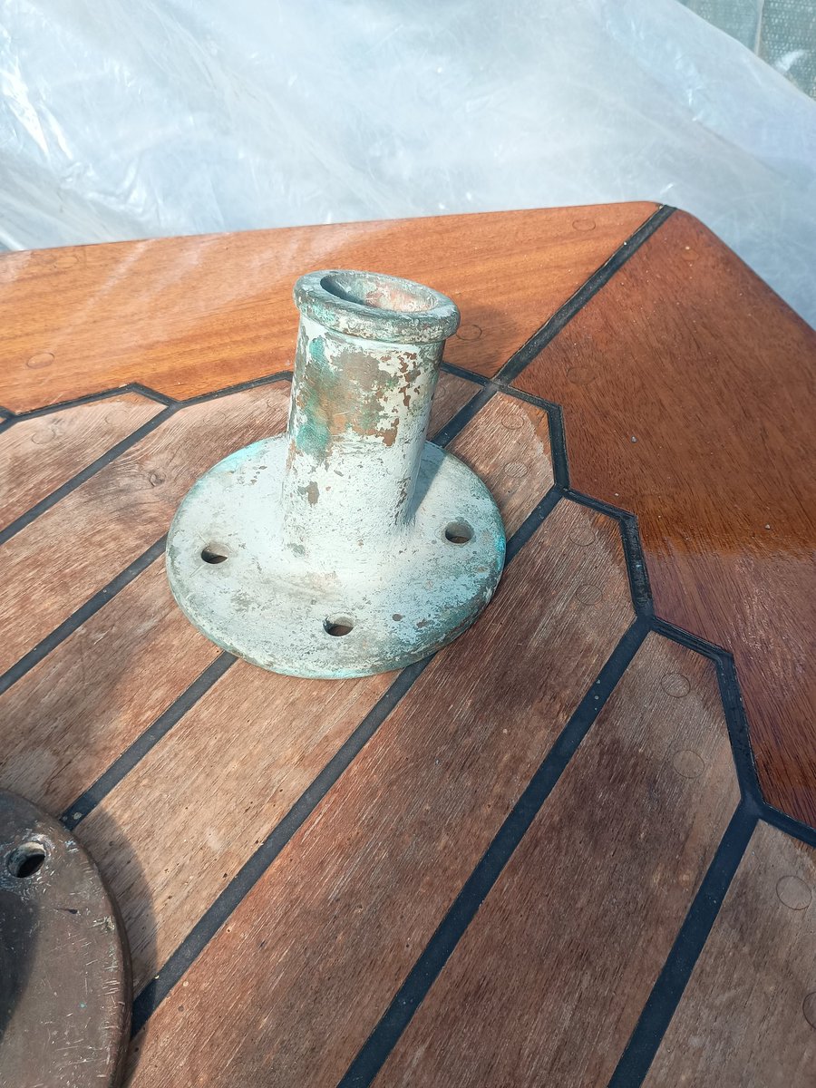 We were always somewhat bemused by the size of the flagstaff holder that had been installed on the aft deck. Last year we found something a little more in keeping with her overall size, at some point we will need a 2" dia flagstaff to match it.