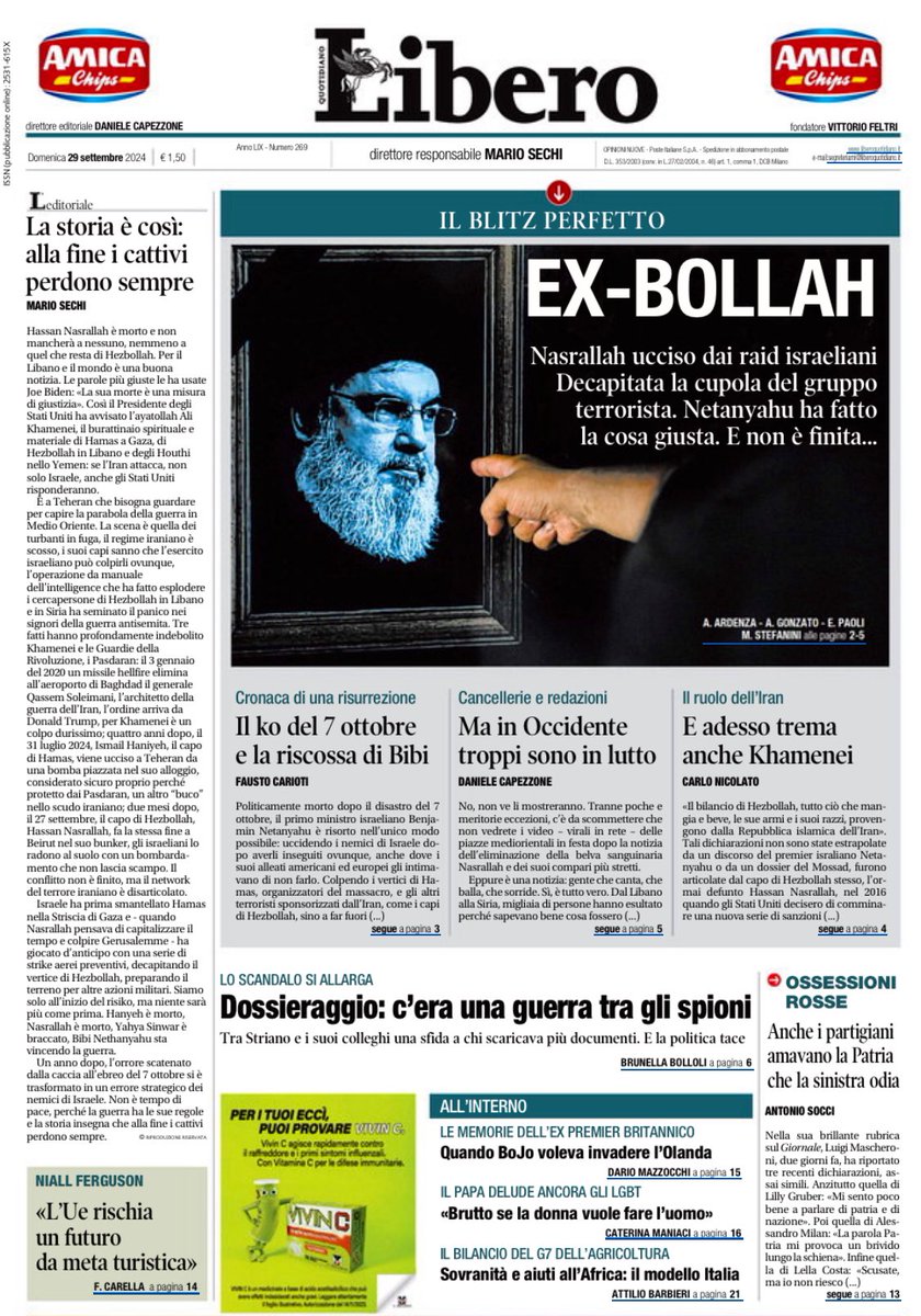 LorenzoCianti's tweet photo. 🗞️ STREPITOSA la prima pagina di @Libero_official 🚀🚀🚀
Grande @Capezzone 💣💥
#DontMessWithIsrael #ExBollah https://t.co/9gh7KNi1ng