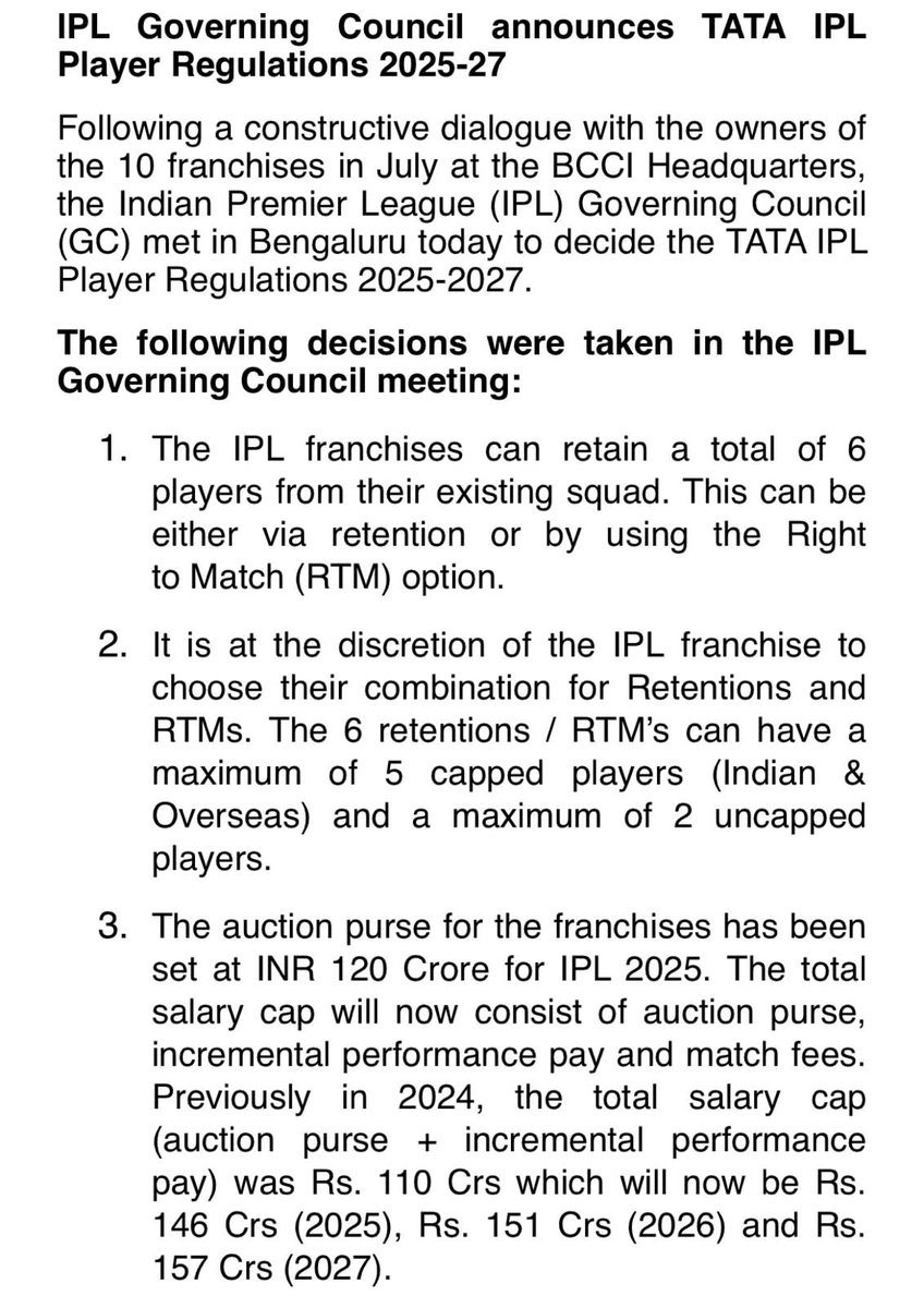 imYasir25's tweet photo. OFFICIAL - IPL 2025 RETENTION RULES https://t.co/aIEsCjJjHi