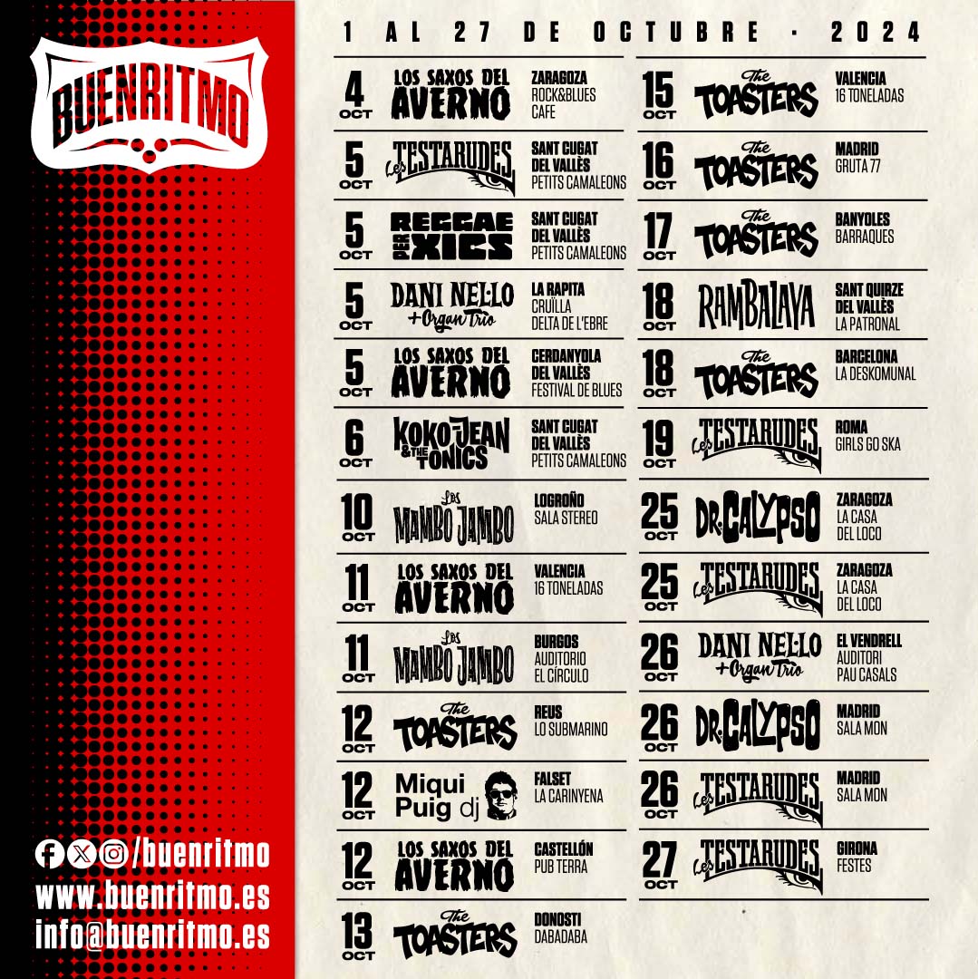 buenritmo (@buenritmo) on Twitter photo L’estiu s’ha acabat però tenim la tardor plena de concerts amb <a href="/saxosdelaverno/">Los Saxos del Averno</a> , <a href="/ThePenguinsSka/">The Penguins | Reggae per Xics</a> Reggae per Xics, <a href="/lestestarudes/">Les Testarudes</a> , <a href="/Nellosax/">Dani Nel·lo</a> , <a href="/DrCalypsoBcn/">Dr.Calypso</a> , <a href="/LosMamboJambo/">Los Mambo Jambo</a> , Rambalaya, <a href="/MiquiPuig/">Miqui Puig</a> i <a href="/TheToastersNYC/">The Toasters</a> . L’estiu s’ha acabat però tenim la tardor plena de concerts amb <a href="/saxosdelaverno/">Los Saxos del Averno</a> , <a href="/ThePenguinsSka/">The Penguins | Reggae per Xics</a> Reggae per Xics, <a href="/lestestarudes/">Les Testarudes</a> , <a href="/Nellosax/">Dani Nel·lo</a> , <a href="/DrCalypsoBcn/">Dr.Calypso</a> , <a href="/LosMamboJambo/">Los Mambo Jambo</a> , Rambalaya, <a href="/MiquiPuig/">Miqui Puig</a> i <a href="/TheToastersNYC/">The Toasters</a> .