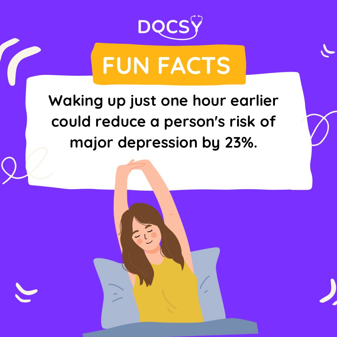 mydocsy's tweet photo. Here’s an interesting mental health tip: 

Waking up just one hour earlier could lower your risk of major depression by a significant 23%! 🤯

Follow us for more such tips @mydocsy 💜 https://t.co/xhgZEuF3nK