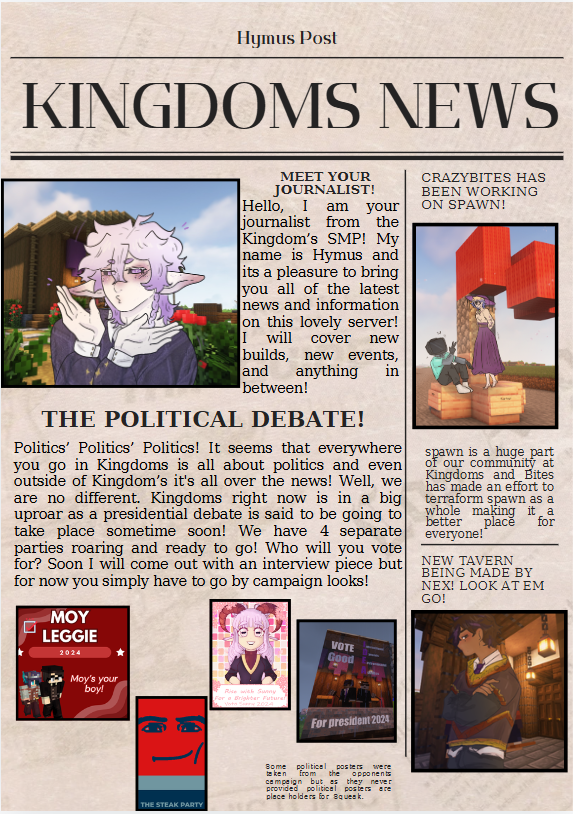 KingdomsSM9's tweet photo. Hello! This Kingdom's first newspaper post! I am your Journalist Hymus! Pleasure to meet ya'll! Hope you keep up with the Hymus Post! #kingdomsSMP https://t.co/YBmc8gEWZl