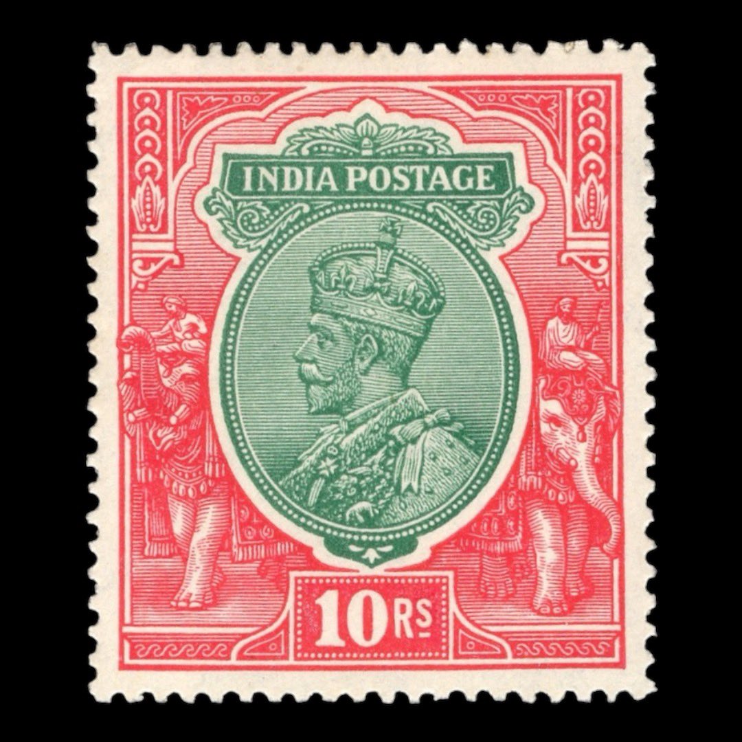 A King George V beauty from the 1911-13 series that got scanned today. These large format stamps had denominations in Rupees, ranging from One Rupee to Twenty-five Rupees, and were fairly valuable for their price.

King George V
India, 1913.