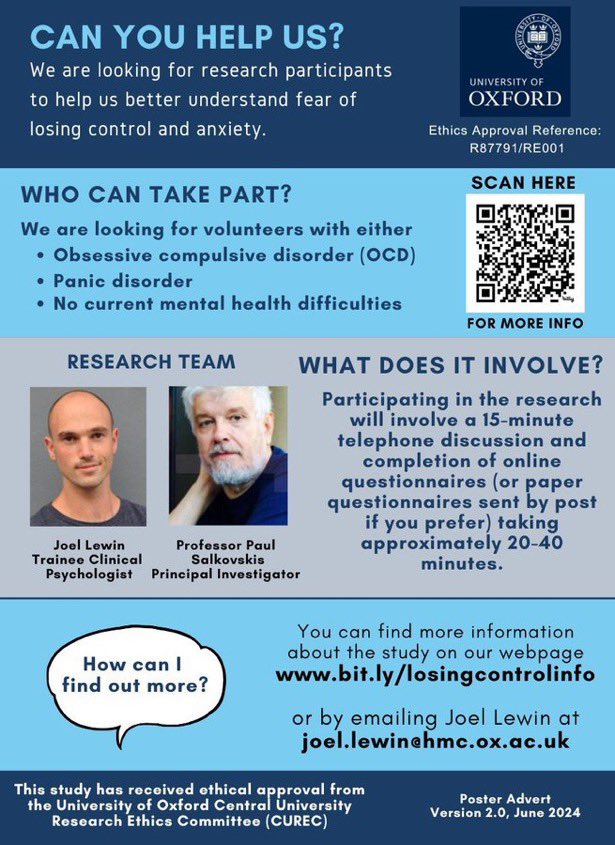 We’re still recruiting participants for this study exploring fear of losing control &amp; anxiety. If you experience panic, or OCD, or no mental health difficulties and would like to participate, get in touch 🙏 joel.lewin@hmc.ox.ac.uk
<a href="/psalkovskis/">Paul Salkovskis</a> <a href="/AnxietyUK/">Anxiety UK</a> anxietyuk.org.uk/anxiety-resear…