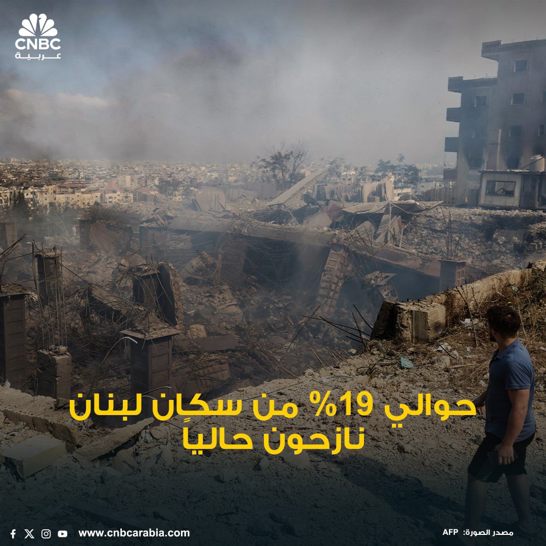 #CNBC : 
نزوح حوالي 19% من سكان #لبنان 🇱🇧 بسبب القصف الإسراخيلي
📌 بلغ عدد سكان لبنان حوال 5.3 مليون نسمة بحسب #إحصاءات_البنك_الدولي لعام 2023
📌 نزح منهم حوالي مليون شخص بحسب رئيس خلية الأزمة الحكومية ووزير البيئة اللبناني ناصر ياسين