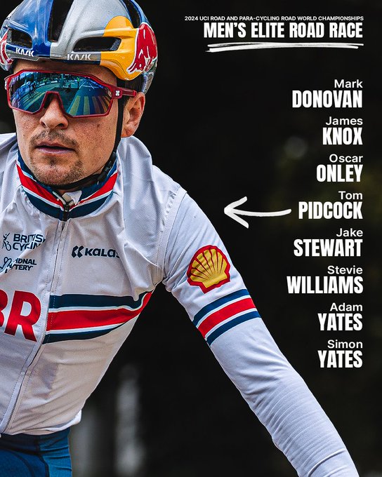 British team for the men's elite world championships road race: Mark Donovan, James Knox, Oscar Onley, Tom Pidcock, Jake Stewart, Stevie Williams, Adam Yates, Simon  Yates 