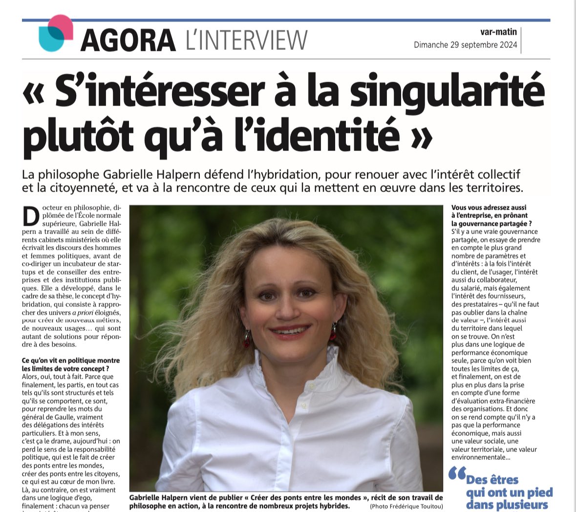 Alors qu'elle vient de publier "Créer des ponts entre les mondes" (Fayard éd.), la philosophe <a href="/Halpern_G/">Gabrielle Halpern</a> raconte son tour de France des expériences d'hybridation dans <a href="/Var_Matin/">Var-matin</a> <a href="/Nice_Matin/">Nice-Matin</a> <a href="/Monaco_Matin/">Monaco_Matin</a> ce dimanche
#citoyenneté #vivreensemble 
<a href="/mcberenger/">Marie-Cécile Bérenger</a> <a href="/DenisCarreaux/">Denis Carreaux</a>