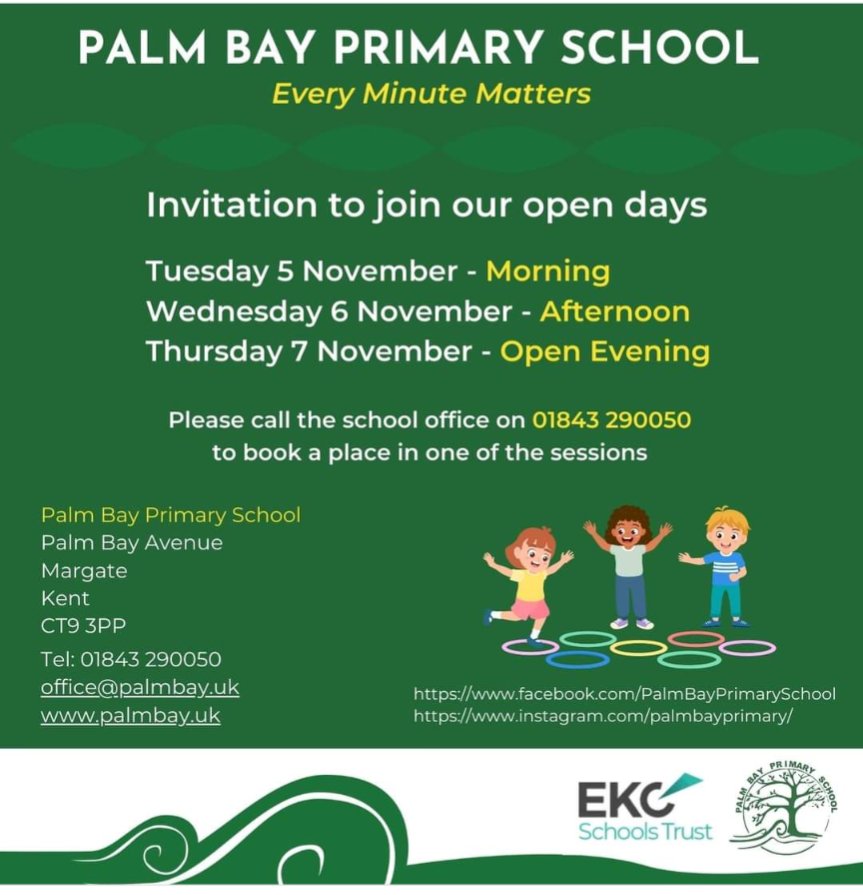 PalmBayPrimary's tweet photo. Have you got a child that is due to start school in September 2025? Here are the dates for the open days for our wonderful school! https://t.co/Q6GtgKwj9y
