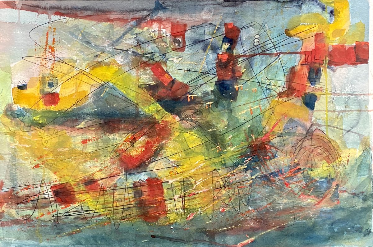 #kunst Ronan Cahill vibrant chaotic fusion 
 shapes bold colors
Dominant hues yellow red blue
dynamic movemt
constant flux
lines patterns overlap intersect
depth complexity
 color tension energy calm, 
inner struggles emotions 
color  intensity, passion, fleeting beauty. #art