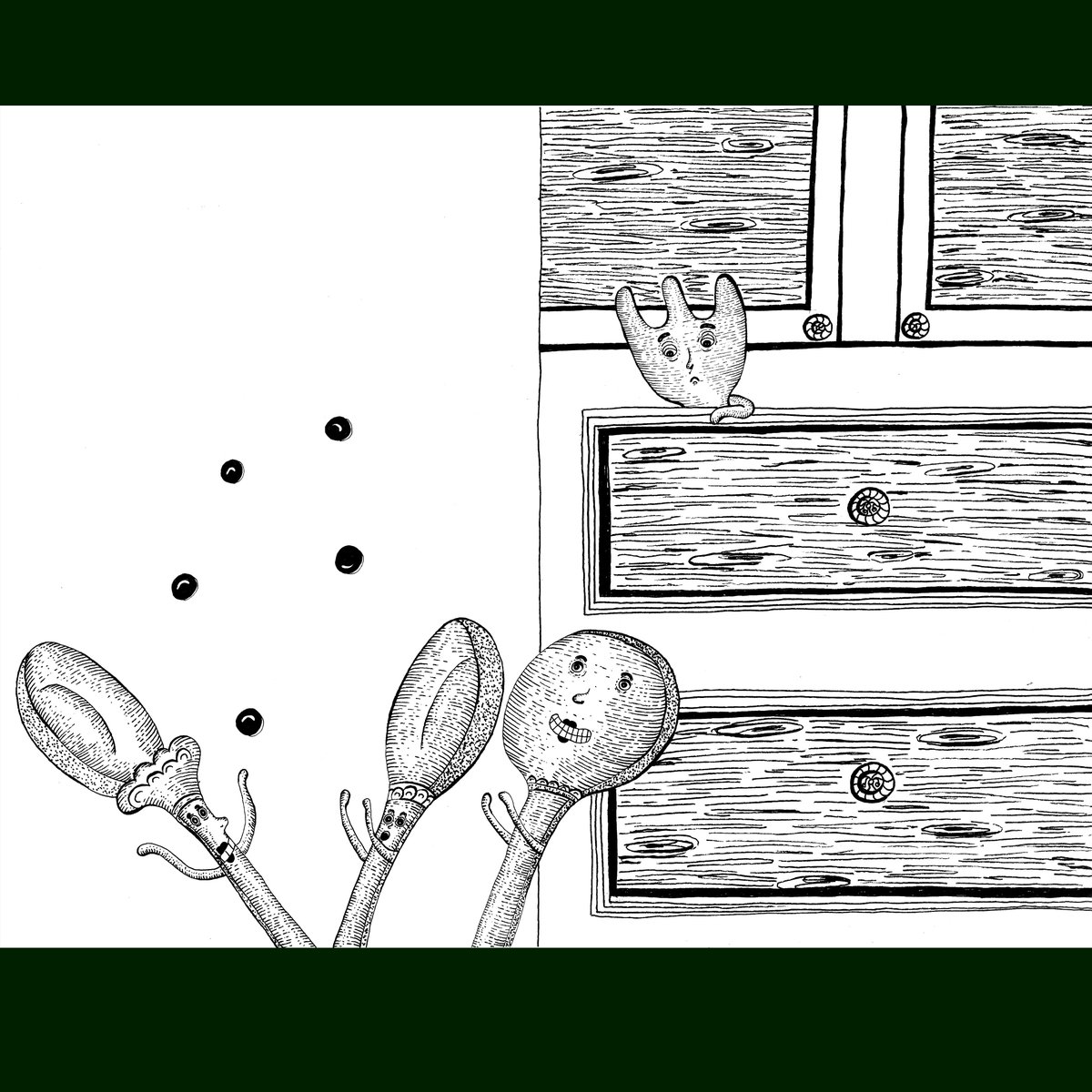 "Sad Spork staring at the spoons" 🥲

He's neither entirely a spoon nor  entirely a fork, but rather a mix of both. This makes him feel bad. The  story reaches a turning point when the other utensils realize that his  difference is actually his strength🖤