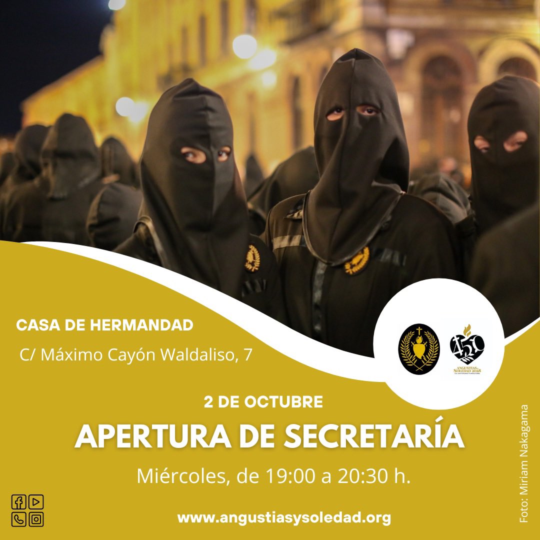 Apertura de Secretaría:

Será a partir de este miércoles, 2 de octubre, y los sucesivos, en horario ade 19:00 a 20:30 h.

Email: secretaria@angustiasysoledad.org
Web: angustiasysoledad.org 
Whatsapp: 649.787.730

#angustiasysoledad1578 #semanasantaleon #leonesp