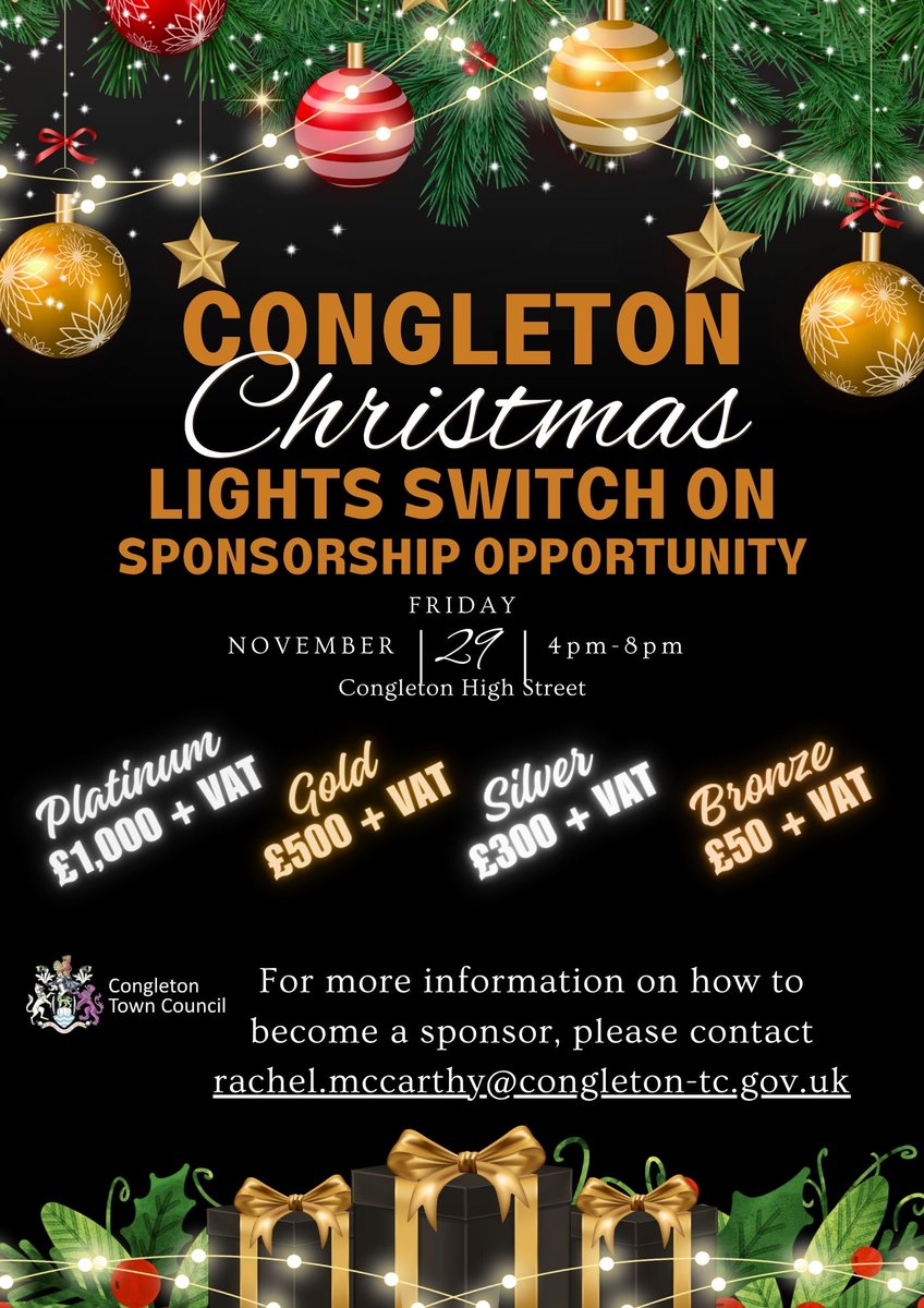 🌟Be part of something special! Sponsoring Congleton's Christmas Lights Switch-On is a fantastic way to promote your business while helping us light up the town✨ With thousands expected to attend, your company will sparkle in front of thousnds✨  Contact us for details! 🎅🎄