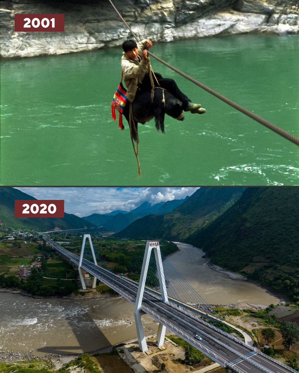 SpokespersonCHN's tweet photo. Zipline ➡️ Highway Bridge

Upper pic: Until 2001, a zipline was the only way to cross Nujiang River in Yunnan Province.

Lower pic: In 2020, a highway bridge was opened to traffic across Nujiang River. https://t.co/sd6LvXDZRr