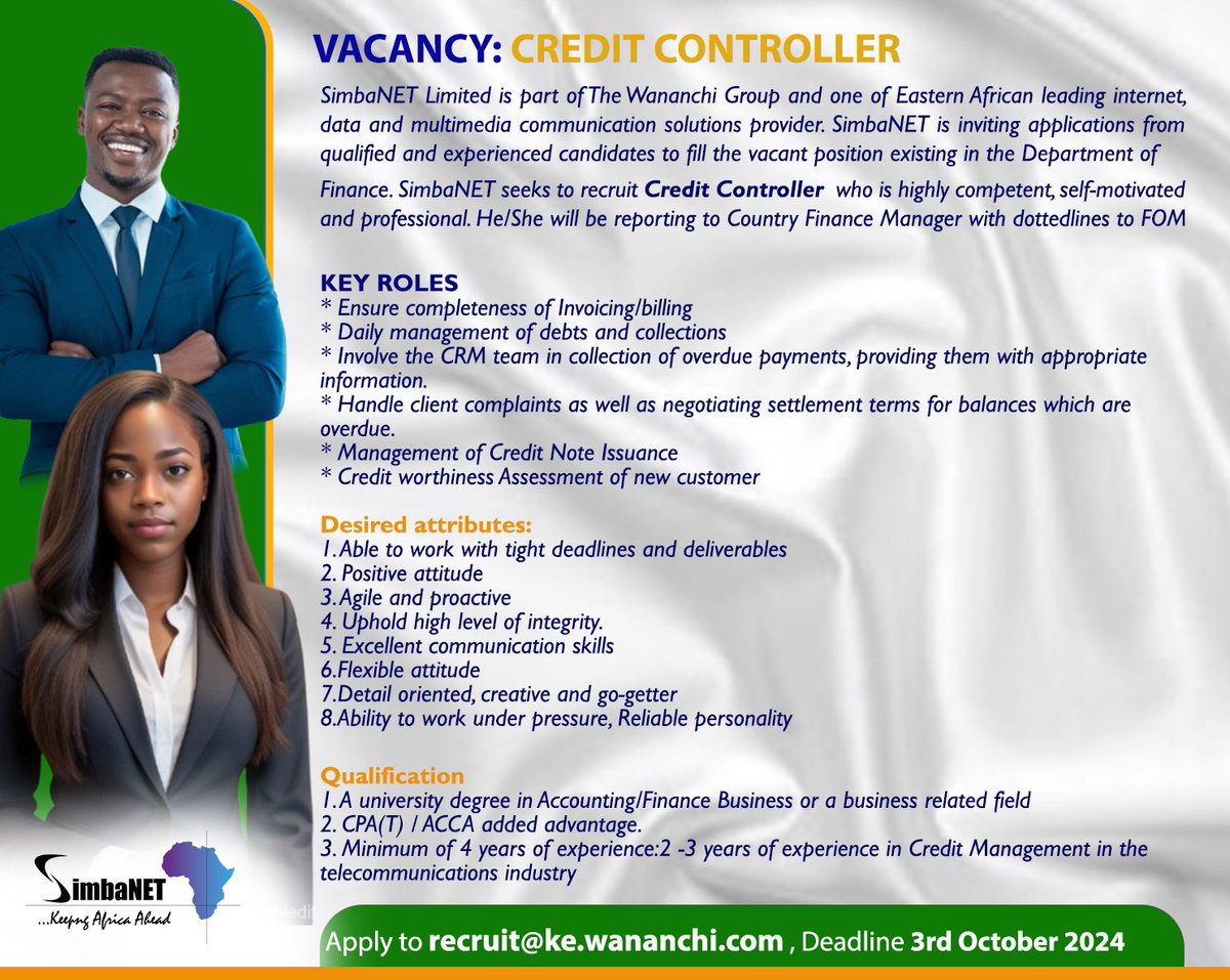 VACANCY:
We are looking for Credit Controller  
Deadline: 3rd October 2024
.
Join our team, Apply NOW 
.
#simbanet #fiberinternet #vacancy #applynow #job #werehiring #business  #Tanzania #simbanet  #internet