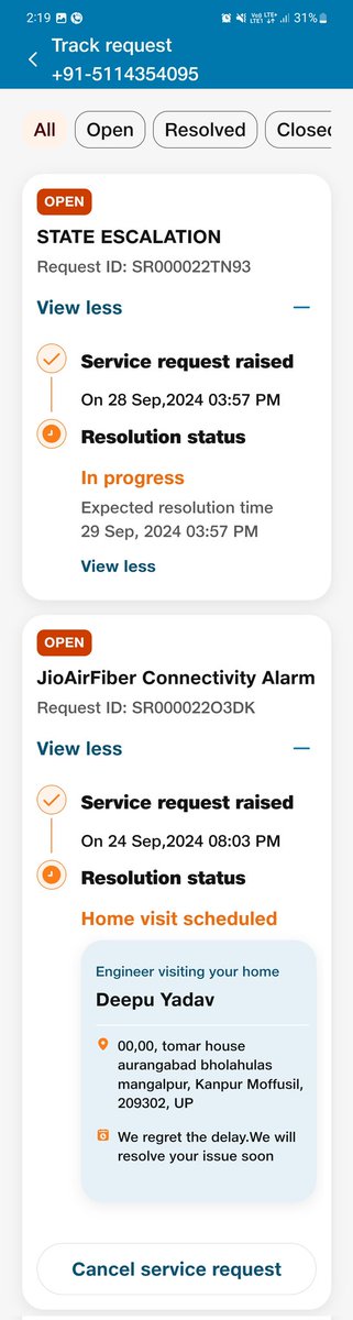 Kingdrbsingh's tweet image. कस्टमर् सर्विस के नाम पर अभिशाप है जियो। एयर फाइबर लगवाए 1 महीना हो गया आज तक नहीं चला। स्टेट Escalation ओपन है लेकिन कोई कार्यवाही नहीं। 24 Sep से आज तक कोई नहीं आया और जो डिवाइस लगी थी वो भी जला के चला गया।
#बेशर्मी
#jio #pathatic
@jio_fiber @JioCare @reliancejio @JIOAIRFIBERIN