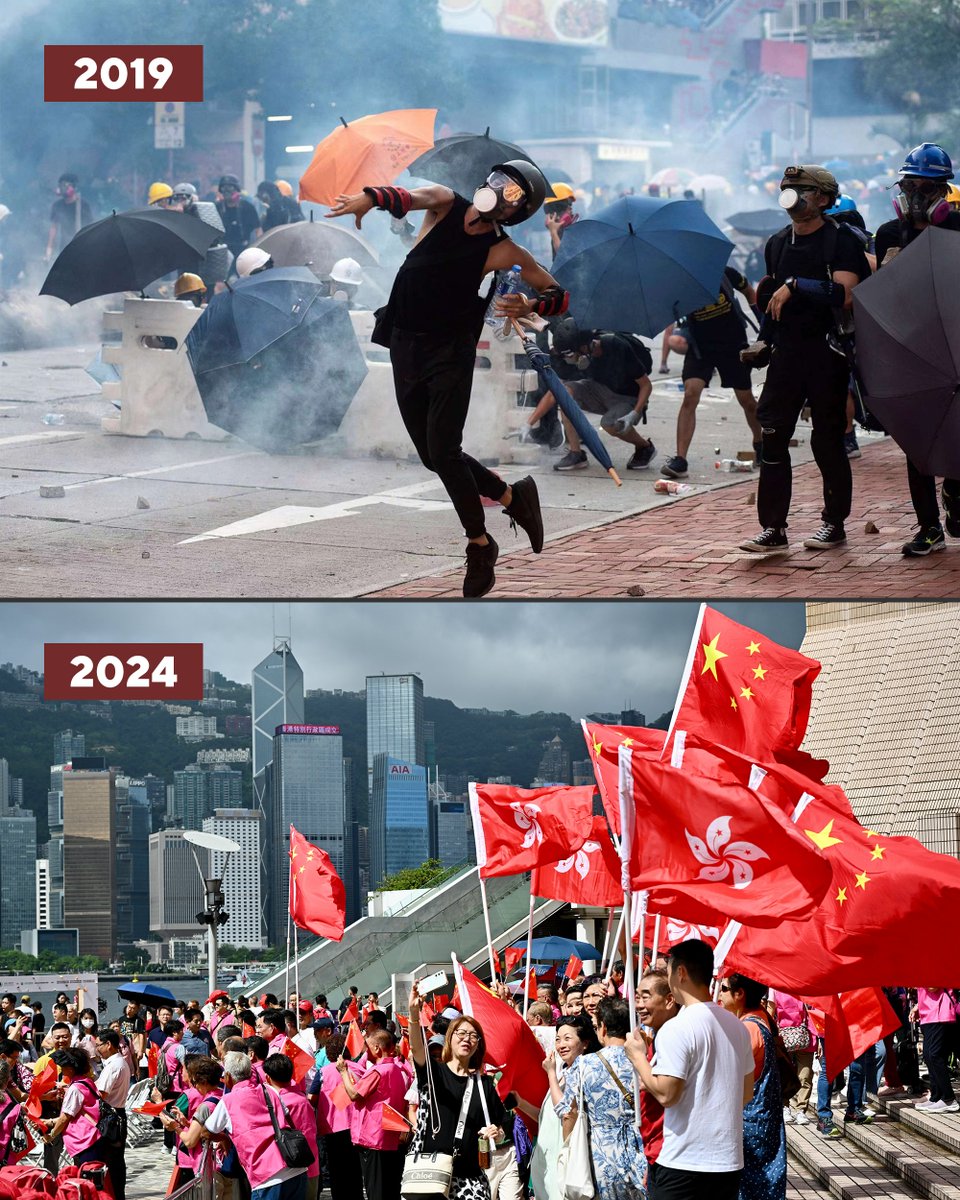 SpokespersonCHN's tweet photo. “Black Terror” ➡️ Red Flags

Upper pic: In 2019, “black terror” ravaged Hong Kong. The “Pearl of the Orient” was shrouded in turmoil and destruction.

Lower pic: On July 1, 2024, people in Hong Kong waved red flags in annual celebration of Hong Kong’s return to the motherland. https://t.co/2lILyEpOsx