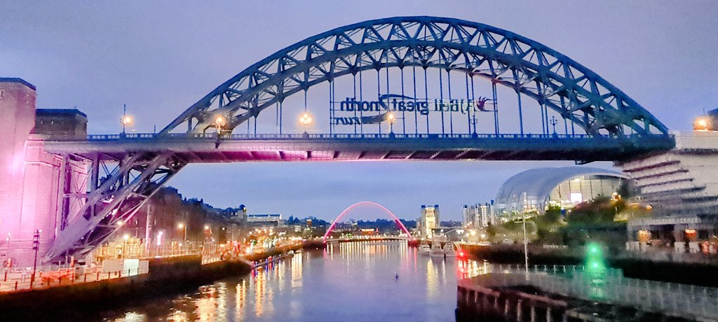 pewileman's tweet photo. We're in the Pink! #RiverTyne #TyneBridge #MilleniumBridge @balticgateshead @glasshouseicm #Toon https://t.co/dRFw7Er04o
