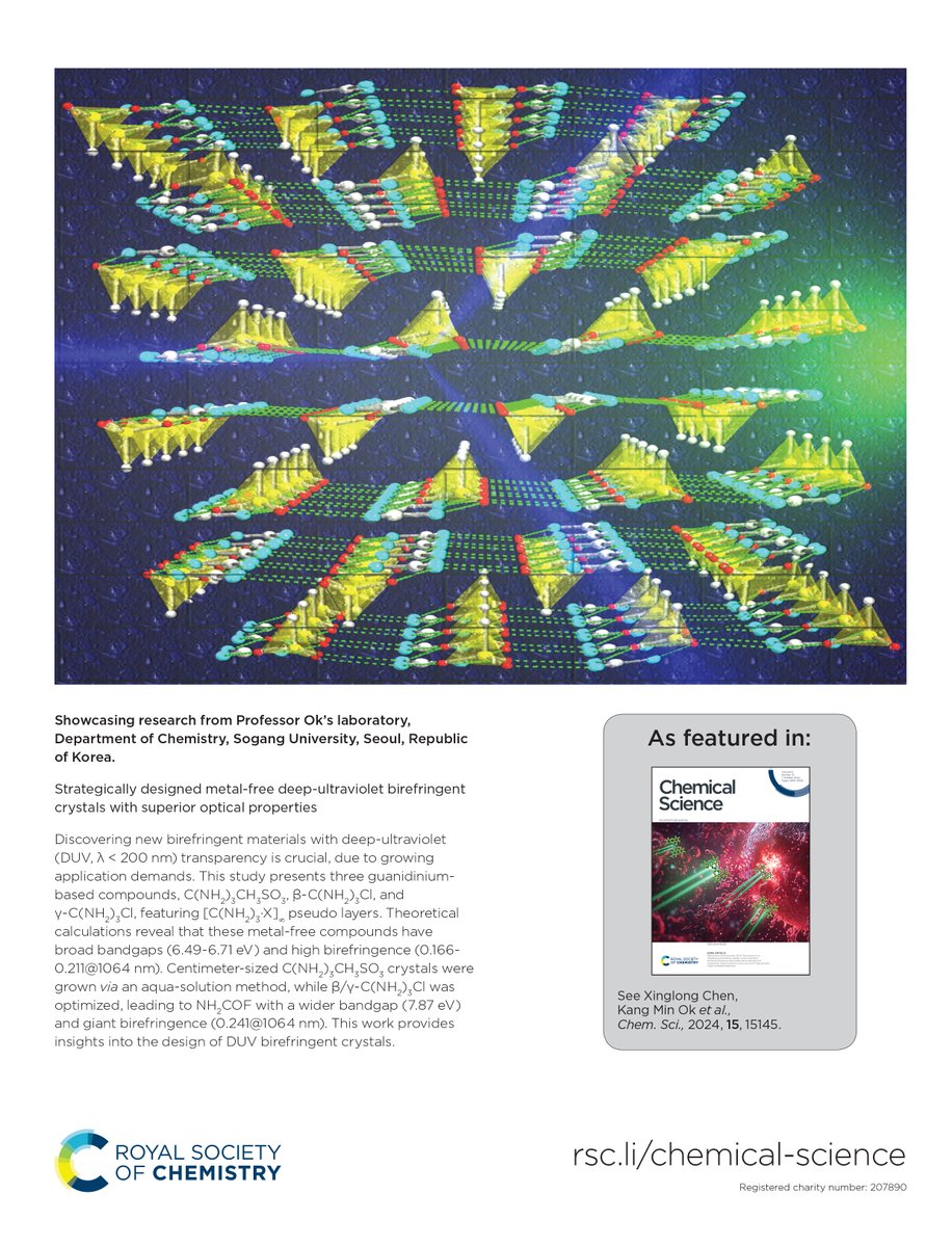 NEW in Chemical Science

'Strategically designed metal-free deep-ultraviolet birefringent crystals with superior optical properties' by Kang Min Ok, Xinglong Chen et al.

🔗 doi.org/10.1039/D4SC04…

📌 #ChemSciCovers
