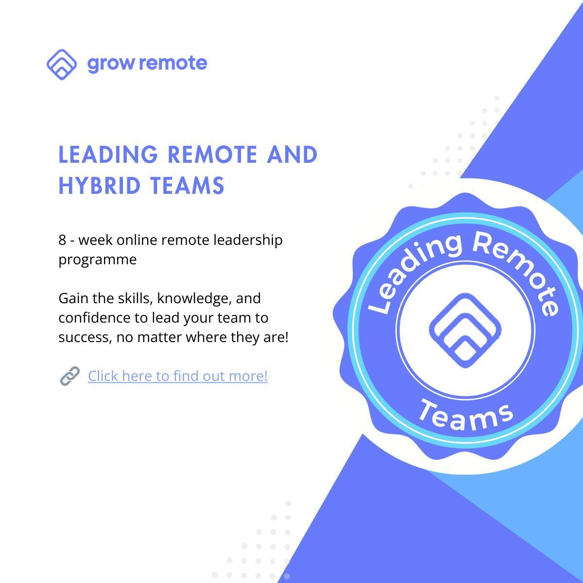 Planning for employee training needs for 2025?

Improve communication, culture, wellbeing and more with Grow Remote's Leading Remote and Hybrid Teams course.

For more information, contact eoin@growremote.ie 
or fins out more: buff.ly/47FJpsR