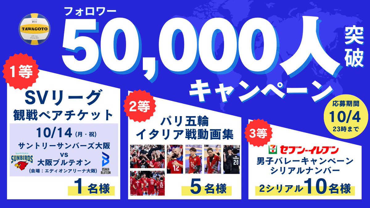 ／
フォロワー50000人記念
#プレゼント企画🎁
＼

✅応募方法
① <a href="/vb_tawagoto/">𝕋𝔸𝕎𝔸𝔾𝕆𝕋🏐</a> をフォロー
②この投稿をリポスト
③(任意)応援コメント下さいw

✅応募に際し下記サイトをチェック👇
(1等は専用応募フォームあり)
vbtawagoto.com/50000present

✅締め切り
2024年10月3日(木)22:00

※当選者へはDMにて連絡