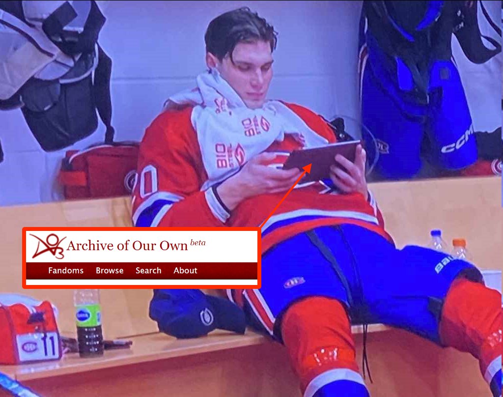 Montreal Canadiens defenseman Juraj Slafkovsky seen reading fanfiction on Archive of Our Own in the locker room.