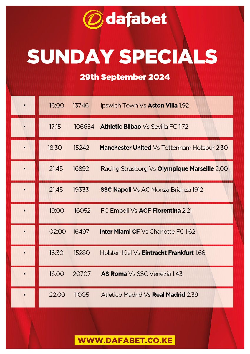 DafabetKenya's tweet photo. Check out our SUNDAY SPECIALS
to make your selections
#DafaSpecials #TukoGame https://t.co/W7QvqmZjjz