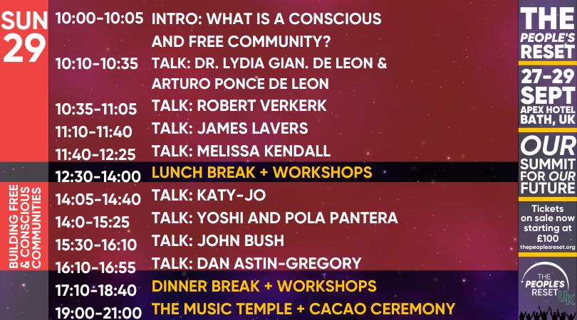 TPR UK FINAL DAY: How to Build Free and Conscious Communities.

After 2 INCREDIBLE days we're ready to explore our final theme and we have 8 speaker sessions that will delve in to how to:
- Create inner freedom
- Optimise your home environment for energy and health
- Share the