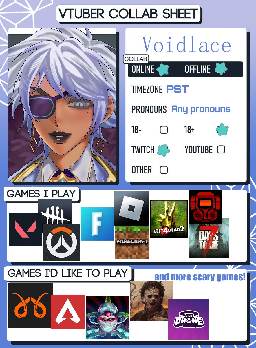 Somnibite's tweet photo. Finally decided to make a Vtuber collab sheet! If anyone would like to collab someday feel free to send me a dm and ill add on discord!! ✨

#Vtuber | #ENVtuber | #VtuberUprising https://t.co/t7XojNHG1L