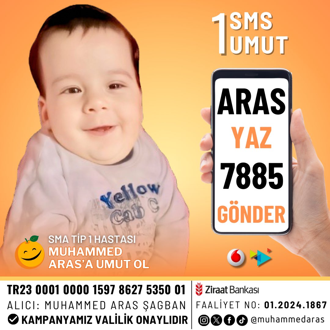 Bugün Sma Tip 1 hastası Muhammed Aras'a bir #sms göndererek umut olur musunuz? #1sms1umut 

#meteoroloji #Menzil #kizilcikşerbeti #Teşkilat