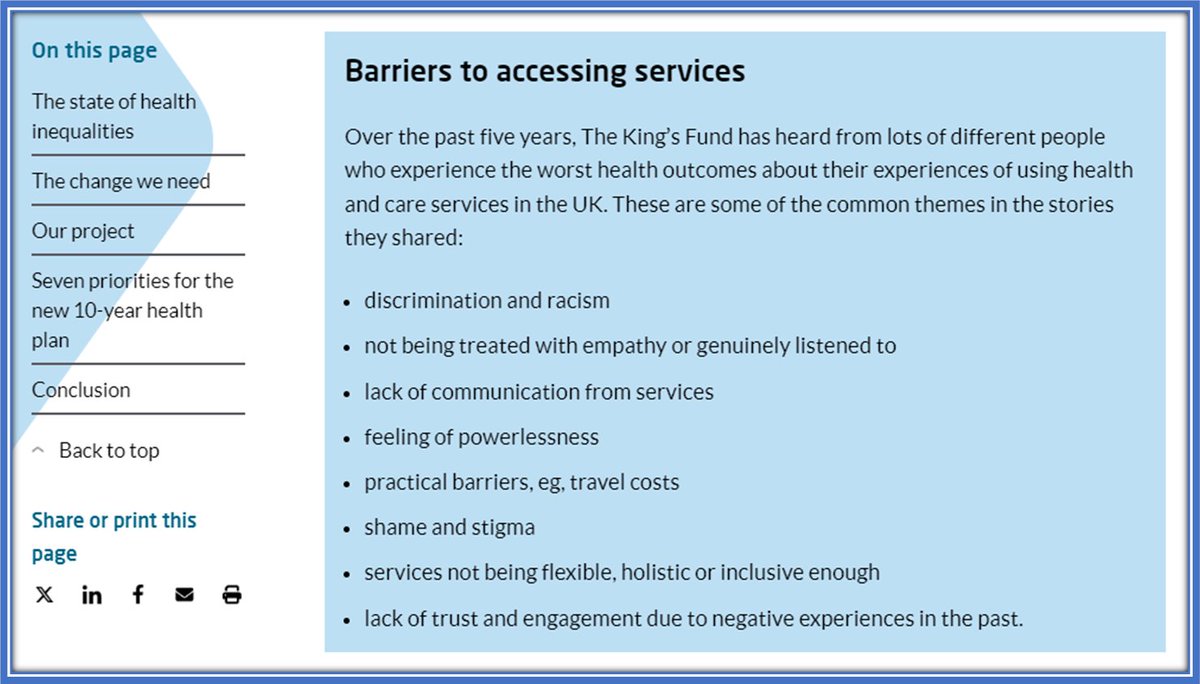 Seven Priorities For Tackling Health Inequalities <a href="/TheKingsFund/">The King's Fund</a> 
Understanding the barriers to accessing healthcare #inequity #discrimination #racism  kingsfund.org.uk/insight-and-an…