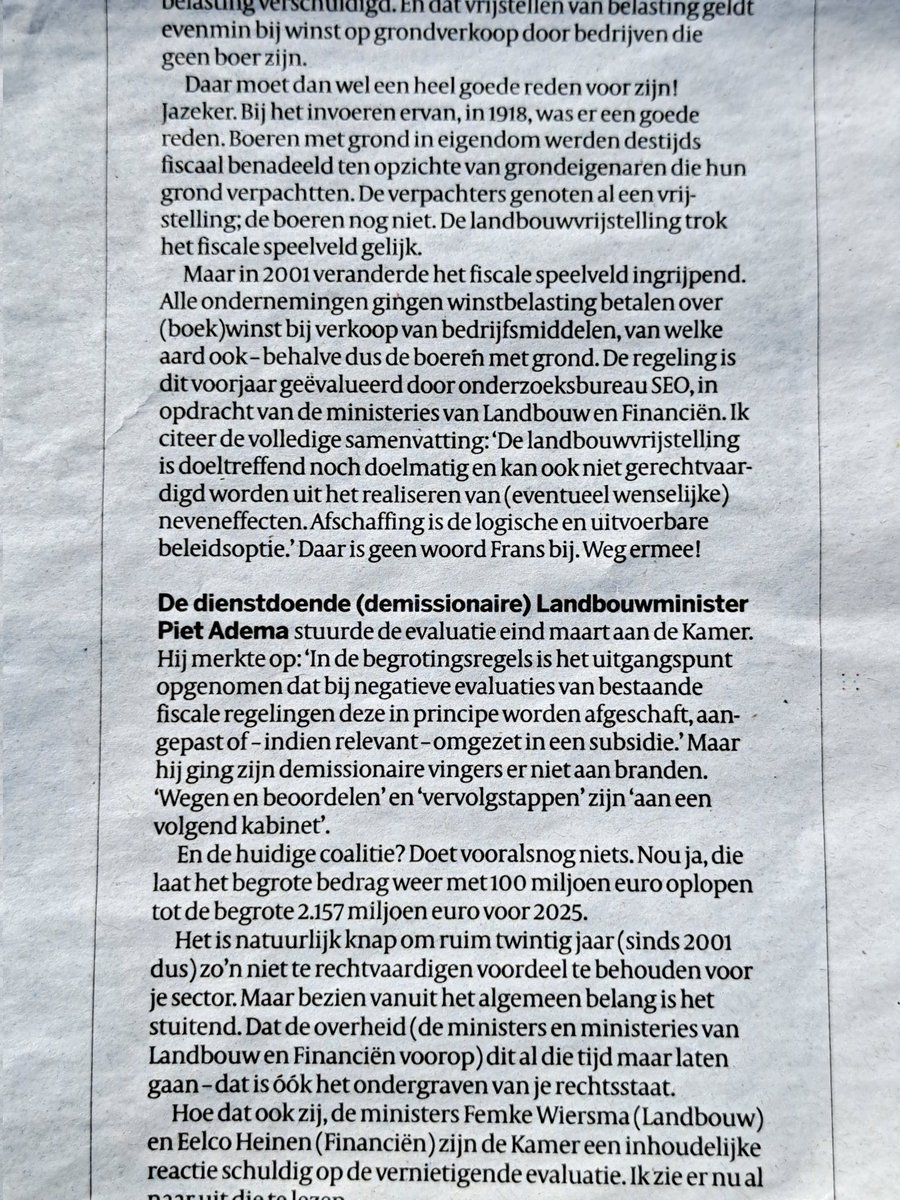 Econoom Frank Kalshoven over alweer een rare uitzondering voor #boeren.

De #landbouwvrijstelling, met een fiscaal voordeel van liefst € 2,1 MILJARD...

(Niet doelmatig, niet te rechtvaardigen. Afschaffen is de logische optie)

'Wat hebben we nou weer aan onze boerenkar hangen?'