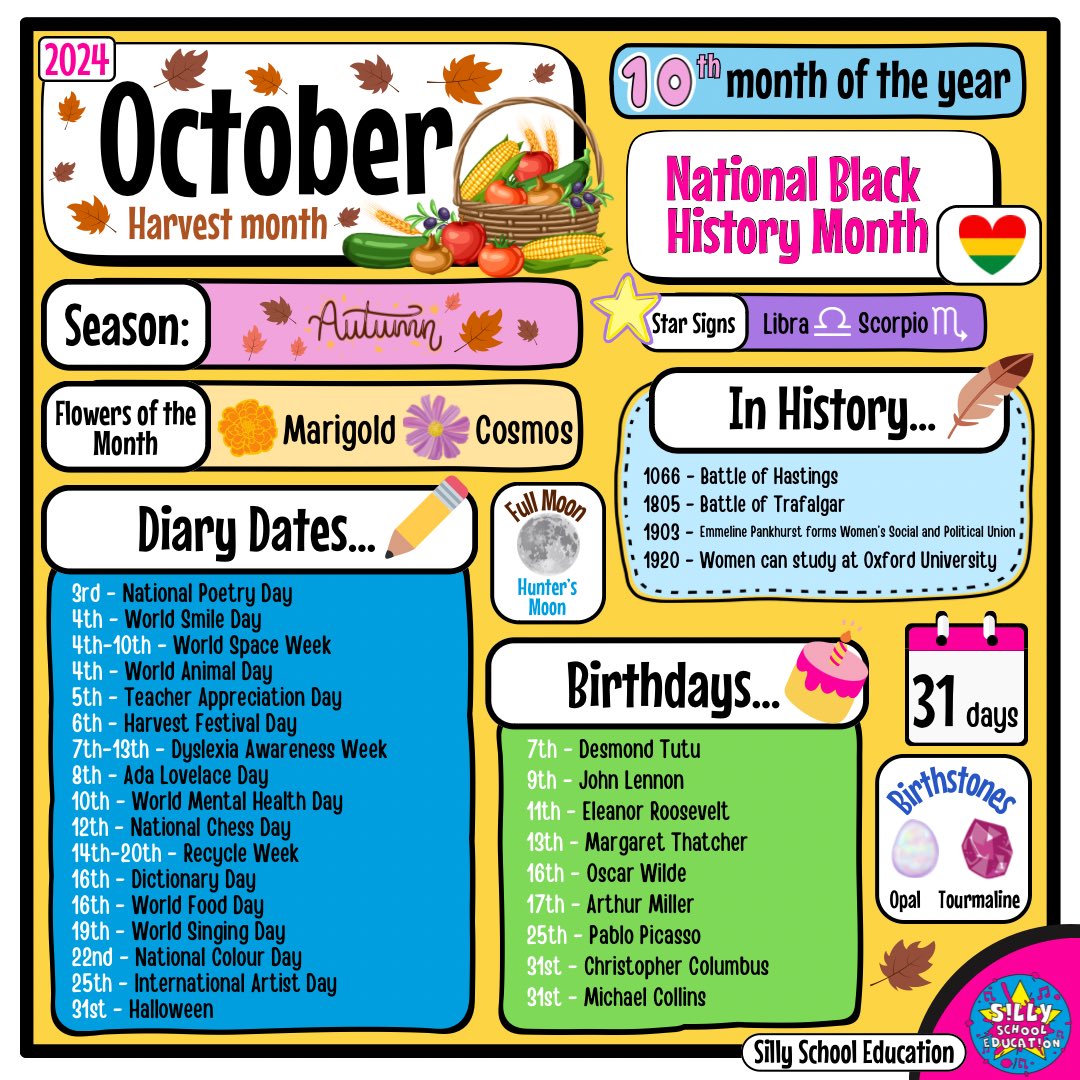 SillyEducation's tweet image. Happy Harvest Month everyone! 😊
.
#october #octoberdates #calander #teacher #teachers #teacherresources #importantdates #education #edux #educationresources #harvestmonth #harvest