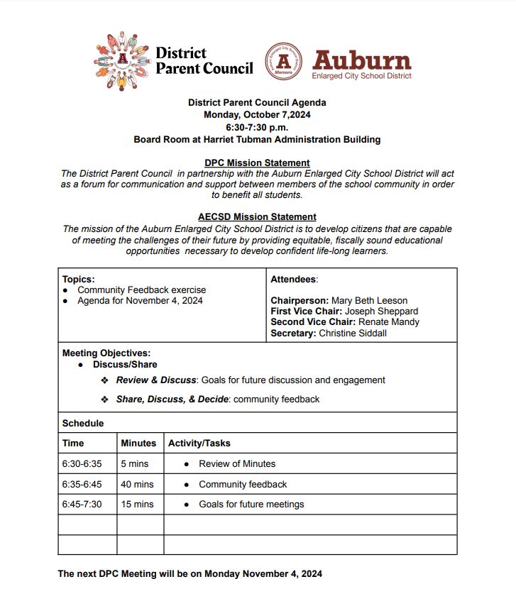 Join us for our next District Parent Council Meeting on Monday, Oct. 7 from 6:30-7:30pm at the Harriet Tubman Administration Building. #AECSDpride #Auburn=Family
