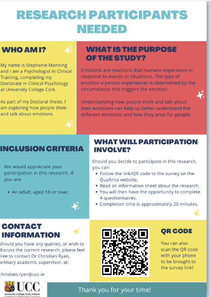 Applied Psychology UCC (@apppsychucc) on Twitter photo Seeking research participants 18 years+
This study by Stephanie Manning, @larkinfi & <a href="/_christian_ryan/">Christian Ryan</a> aims to understand how people think & talk about their feelings
Participation involves online questionnaires (approx 20 min) More info
ucc.qualtrics.com/jfe/form/SV_74⌠Seeking research participants 18 years+
This study by Stephanie Manning, @larkinfi & <a href="/_christian_ryan/">Christian Ryan</a> aims to understand how people think & talk about their feelings
Participation involves online questionnaires (approx 20 min) More info
ucc.qualtrics.com/jfe/form/SV_74âŚ