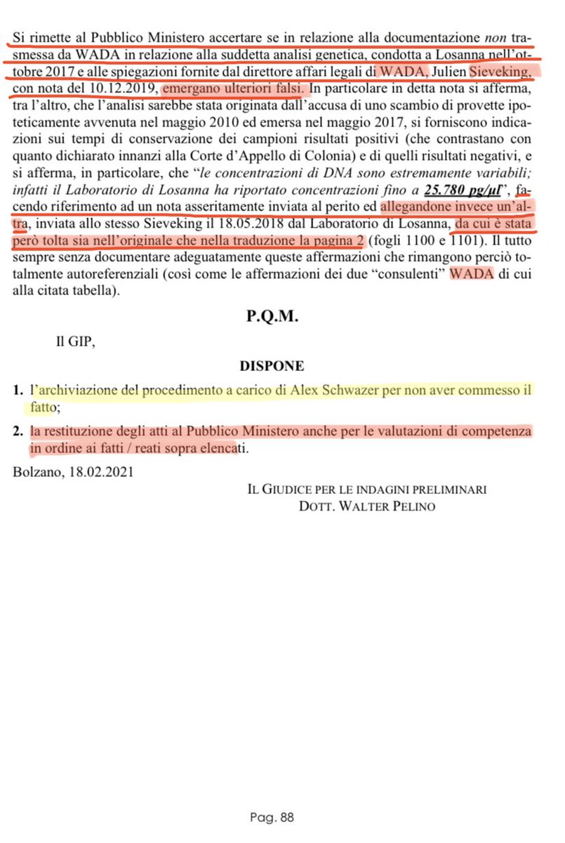 LeonhardHahn's tweet image. Alex #Schwazer - assolto «per non aver commesso il fatto» ma, intanto, ‘distrutto’ - e i reati di:
• falso ideologico
• frode processuale
• diffamazione
commessi da #Wada per scorticarlo vivo.

@wada_ama #infami

#Sinner

[🔽 sent. GIP Trib. Bolzano]
&amp;gt; liberainformazione.org/wp-content/upl…