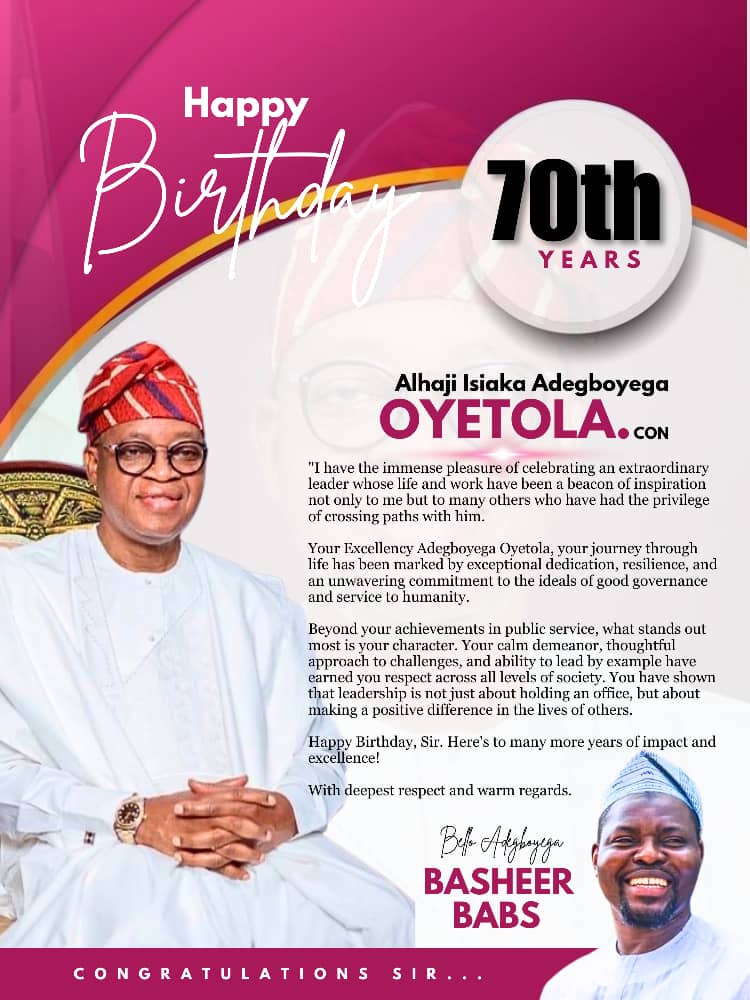 Happy Birthday to our distinguished leader...<a href="/GboyegaOyetola/">Adegboyega Oyetola</a> 

<a href="/Iam4babs/">Bello Adegboyega</a> <a href="/WESTCURATOR_/">SULAIMAN, Gafar Blessing</a>