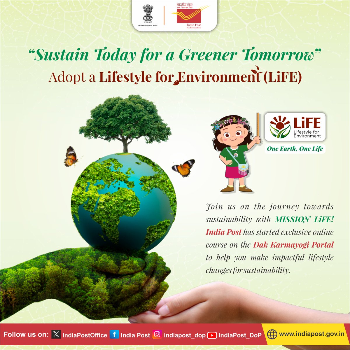 IndiaPostOffice's tweet photo. India Post is proud to present an exclusive online course.
Join us on the journey towards sustainability with MISSION LiFE!
Click the link below to discover how small lifestyle changes can make a BIG difference for you and the environment.
https://t.co/aVKgQImmki https://t.co/RZNbTTbvsQ