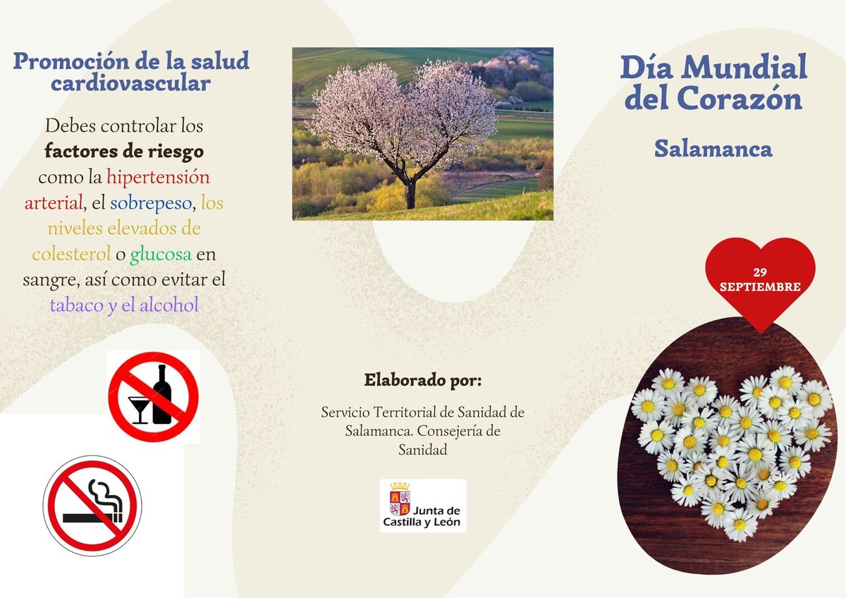 leanpri's tweet image. Para el #diamundialdelcorazon, desde @Salud_JCYL  hemos elaborado un tríptico sobre promoción de la salud cardiovascular (Estilo de vida y factores de riesgo) para repartir en una Jornada divulgativa organizada por el @aytoSalamanca y la asociación #PacienteXperto