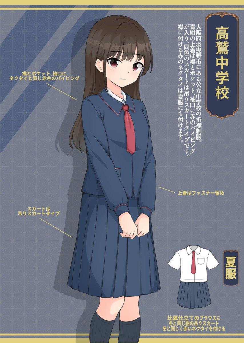 大阪府羽曳野市にある公立中学校の折襟制服 ジャケットの襟、ポケット