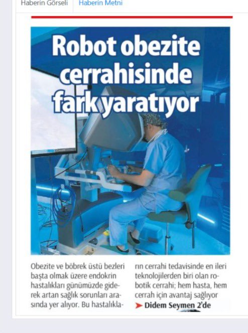Geçtiğimiz hafta Milliyet gazetesinde yayınlanan Robotik Cerrahinin avantajları ve kullanım alanları ile ilgili röportajımız…

milliyet.com.tr/ege/robot-obez… 

#obezite #tüpmide #gastricbypass #sleevegastrectomy #davinci #robotikcerrahi <a href="/davinci/">ツ</a> <a href="/MedicanaSaglik/">Medicana Sağlık Grubu</a>