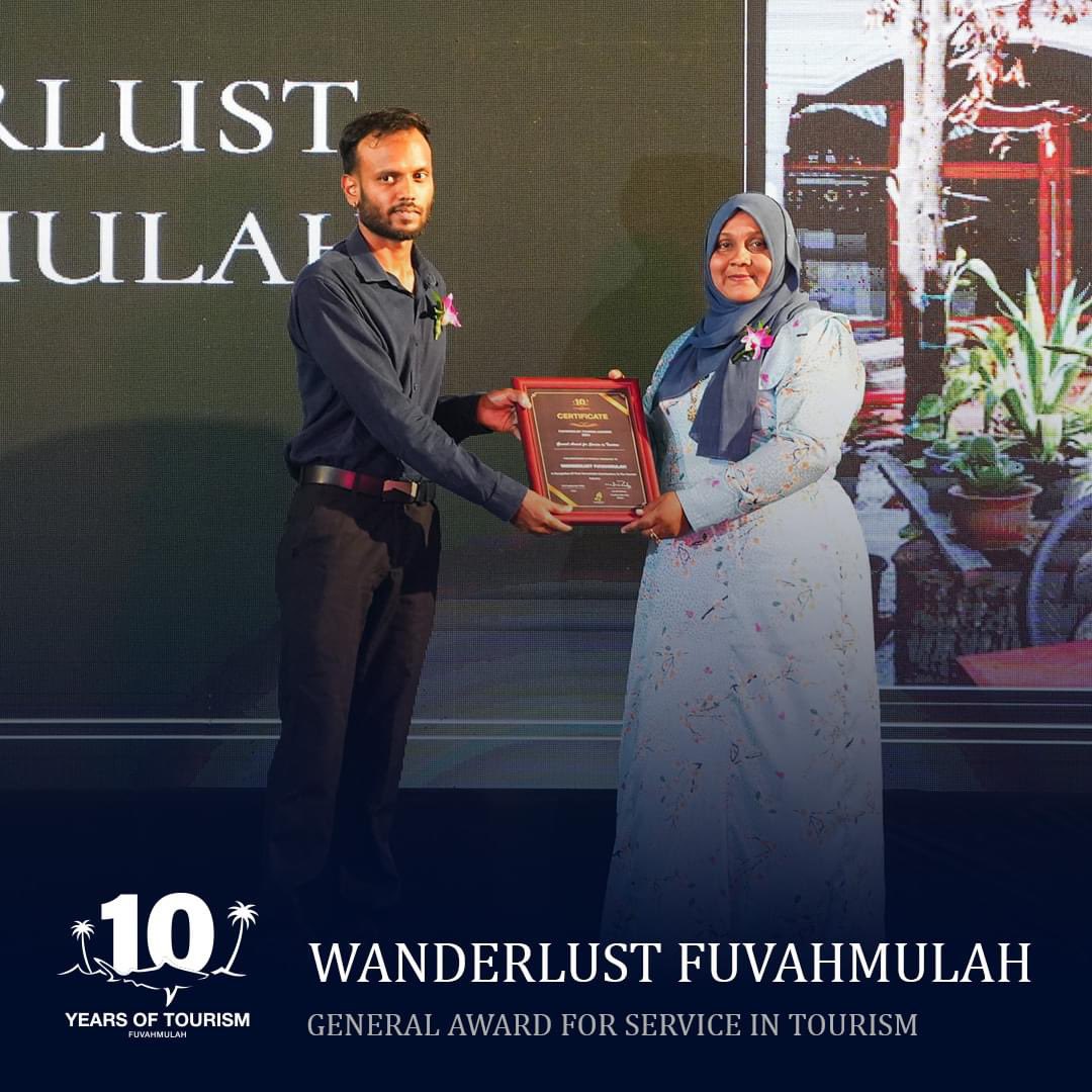 WanderlustFVM's tweet photo. 🌟 We are incredibly honored to receive the "General Award for Service in Tourism" on the 10th anniversary of tourism in Fuvahmulah! A heartfelt thank you to the Fuvahmulah City Council for this recognition. 🏝️✨ https://t.co/iy5KF9hcm6