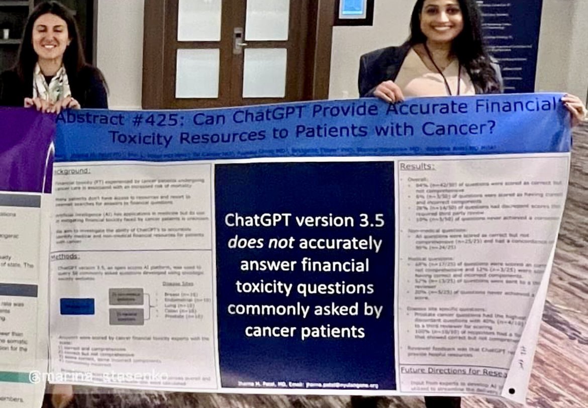 Sadly conversational AI #ChatGPT may not accurately answer ?s for people with cancer. Sussing out real vs "hallucination" (fake) can be challenging. It may improve with time but right now I am hesitant to fully recommend.

Great study #ASCOQLTY24 here: 
ascopubs.org/doi/10.1200/JC…