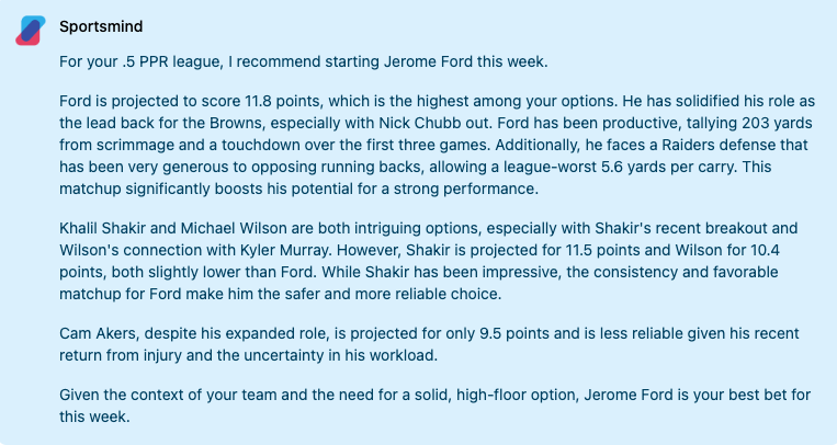SportsmindAI's tweet photo. @sf_game Sportsmind like Ford for the safer play. If you are needing a home run, Shakir could be your guy. Best of luck! https://t.co/OAxd1phSgG