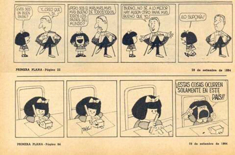 Hoy Mafalda cumple 60 Años!

Aquí la primera tira original de la Revista Primera Plana, publicada por Quino el 29 de Septiembre de 1964 

#FelizCumpleMafalda