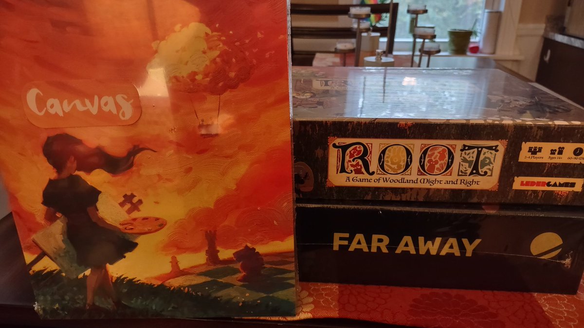 Picked up a couple #tabletop games this week. 
Root is for the gfs brother who's letting us stay with him this week in PA.
Anyone played Far Away before? 
Canvas is super pretty and easy to learn and making the art is really cool. Love the transparent cards usage.