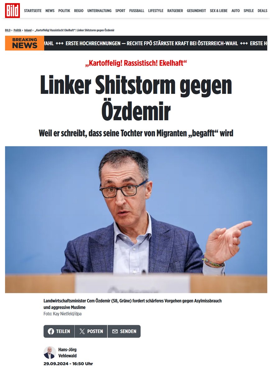 ℹ️ Das systemische Grünen-Bashing – Fallbeispiel
 
▶️ Phase 1: Die FAZ veröffentlicht am 26.09. einen Gastbeitrag des türkischstämmigen Bundesministers Cem Özdemir von den Grünen. Der Beitrag ist hinter Bezahlschranke. Der Titel lautet „Sprache, Arbeit und Gesetzestreue“
 
In dem