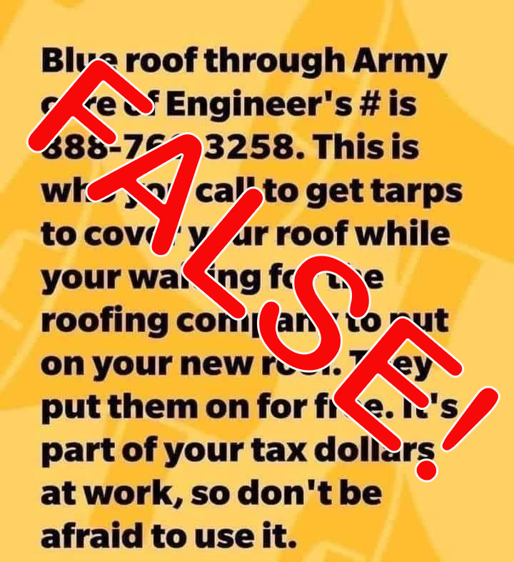 AtlantaCorps's tweet image. FALSE INFORMATION ALERT!!!
An inaccurate post is going viral. Please notify anyone posting this to remove the post.
Official USACE Helene updates: saj.usace.army.mil/Missions/Emerg… 
@fema @USACEHQ @JaxStrong @USACEMobile @SavannahCorps @CharlestonCorps @USACEWilmington 
#Helene #BlueRoof