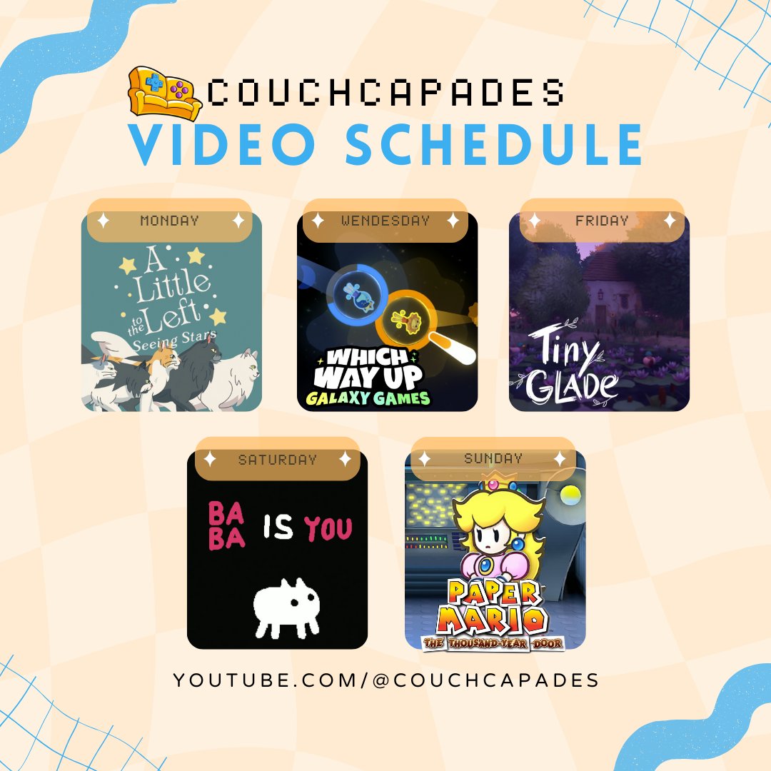 CouchCapades's tweet photo. We know what we're playing this week!

https://t.co/qiCPq5FUxx 
Mon - A Little to the Left: Seeing Stars
Wed - Which Way Up: Galaxy Games (by @WhichWayUpGame)
Fri - Tiny Glade
Sat - Baba is You
Sun - Paper Mario TTYD

We'll be live on Twitch and YT on Wed evening! https://t.co/witVVDK0QP